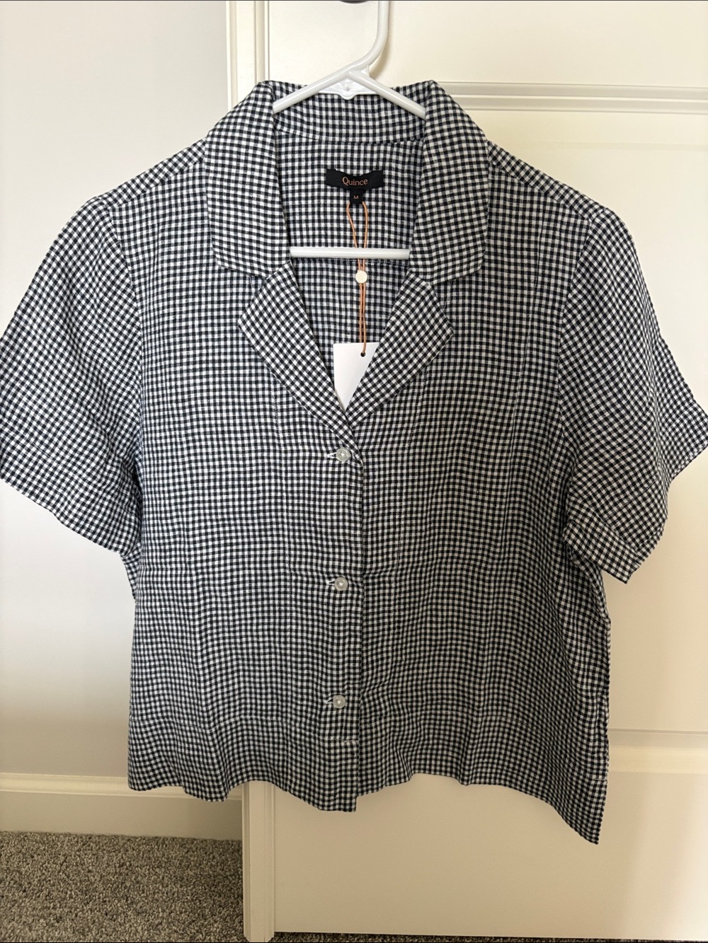 Quince Black and White Gingham Short Sleeve Button-Down Shirt